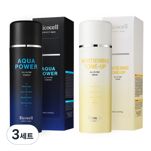 리코셀 퍼펙트맨 화이트닝 톤업 올인원 크림 150ml + 아쿠아파워 올인원 에센스 150ml, 300ml, 3세트