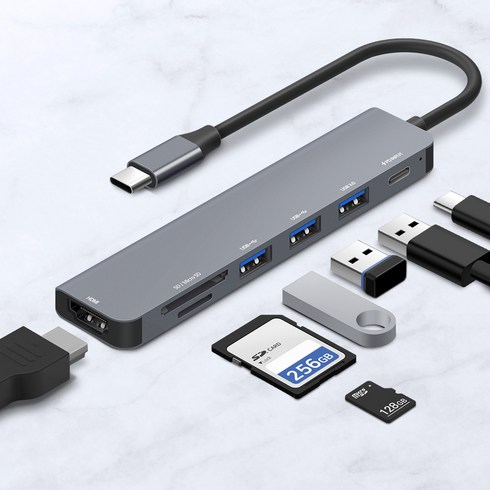 usb-c허브 - 홈플래닛 7포트 USB3.0 멀티허브 DEX미러링 (USB*3 타입C HDMI SD/MSD) / HUB7C-L, 그레이