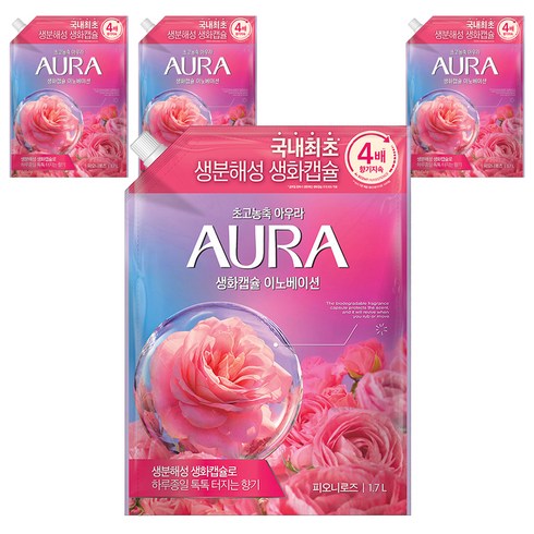 LG생활건강 샤프란 아우라 생화캡슐  - AURA 생화캡슐 이노베이션 초고농축 일반 섬유유연제 피오니로즈향 리필, 1.7L, 4개