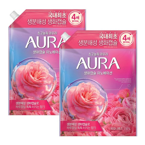 LG생활건강 샤프란 아우라 생화캡슐  - AURA 생화캡슐 이노베이션 섬유유연제 피오니로즈향 리필, 1.7L, 2개