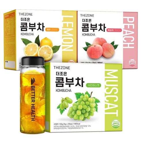 더존건강 더조은 콤부차 레몬 30p + 복숭아 30p + 샤인머스캣 30p + 전용보틀 500ml 세트, 30개입, 1세트