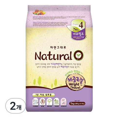 네츄럴오 쌀과 연어 체중조절 고양이 사료, 다이어트, 1kg, 2개