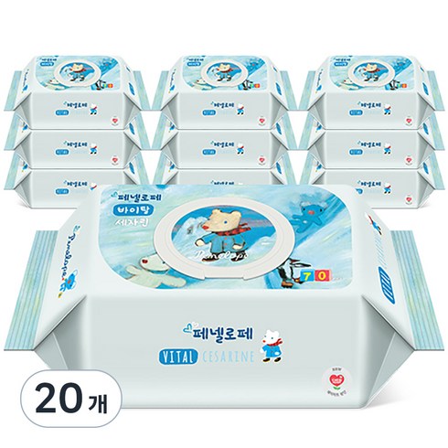 페넬로페물티슈20팩 - 페넬로페 바이탈 세자린 아기물티슈 캡형 75gsm, 75g, 70개입, 20개