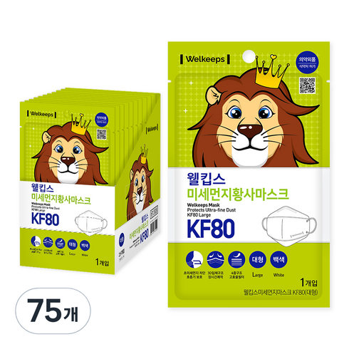 웰킵스 미세먼지황사마스크 대형 KF80, 1개입, 75개, 백색