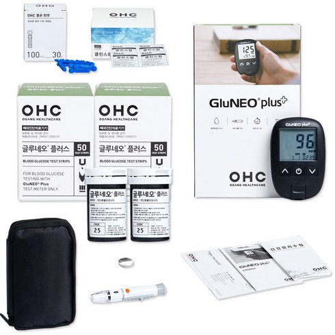 gluneo - 오상헬스케어 글루네오 플러스 혈당측정기 + 시험지 100p + 채혈침 110p + 알콜솜 100p, 1세트