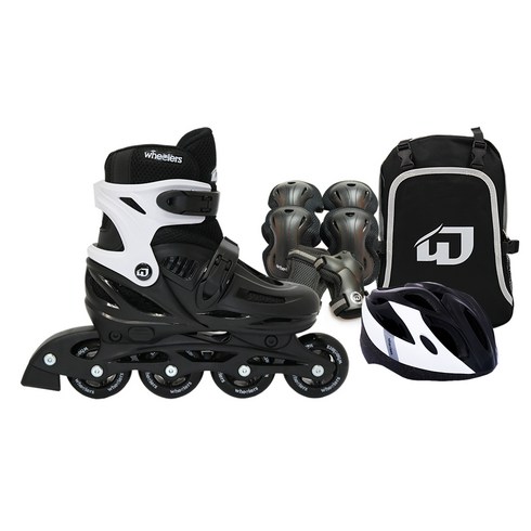휠러스 아동용 에이스2 인라인스케이트 + 가방 + 보호대 + 헬멧 콤보 세트, 블랙