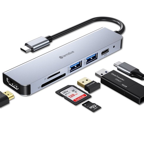 6in1usb허브 - 아이엠듀 6in1 USB C타입 허브 HDMI 4K 멀티포트 맥북 노트북 CUH606, 실버