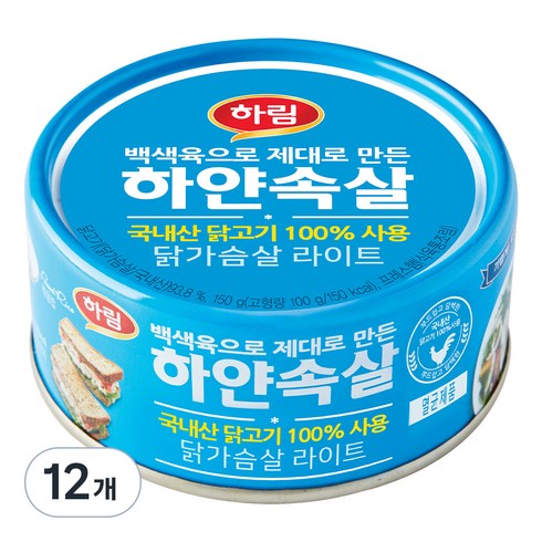 닭가슴살통조림 - 하림 하얀속살 닭가슴살 라이트 통조림, 150g, 12개