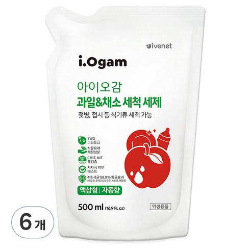 아이오감섬유세제 - 아이오감 과일&채소 세척 세제 액상형 리필, 500ml, 6개