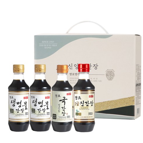 간장선물세트 - 신앙촌 양조 생명물 간장 500ml x 2p + 깔끔한 국간장 500ml + 1급 진간장 500ml 선물 세트 레드K 4-3호, 2L, 1세트