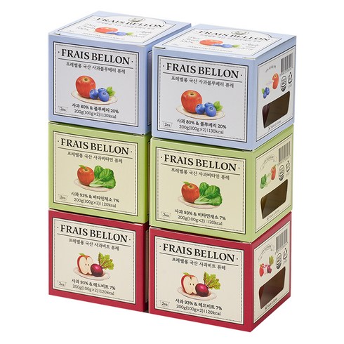 프레벨롱 국산 과일퓨레 6팩 세트, 사과블루베리, 사과비트, 사과비타민, 100g, 1세트