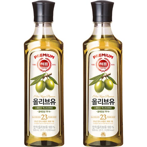 해표 압착 올리브유, 500ml, 2개