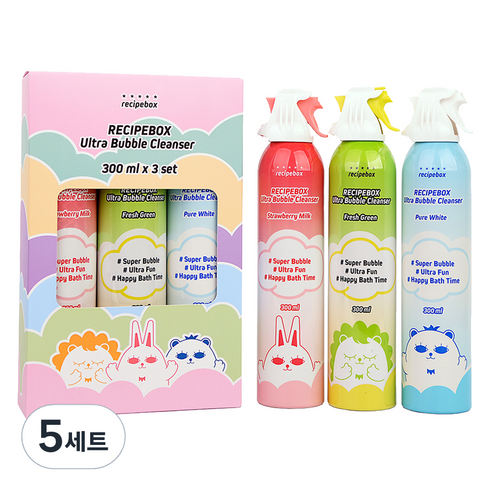 레시피박스 유아용 거품목욕 울트라 버블클렌저 스트로베리밀크 300ml + 프레쉬그린 300ml + 퓨어화이트 300ml 세트, 900ml, 5세트