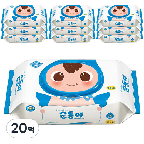 순둥이 프리미엄 플레인 무향 유아물티슈 캡형 65평량, 70매, 20팩