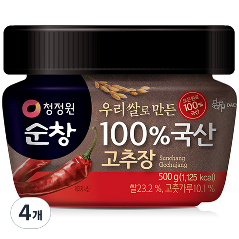 2023년 가성비 최고 순창국산고추장 - 청정원 순창 우리쌀로 만든 100% 국산 고추장, 500g, 4개