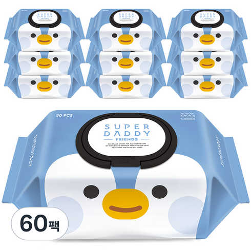 슈퍼대디 프랜즈 펭귄 유아물티슈 캡형 55gsm, 80매, 60팩
