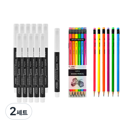 문화연필 하양마카펜 12p + 투코비 코마 삼각 지우개 연필 TC-208 B 12종, 하양색(마카), 혼합색상(연필), 2세트