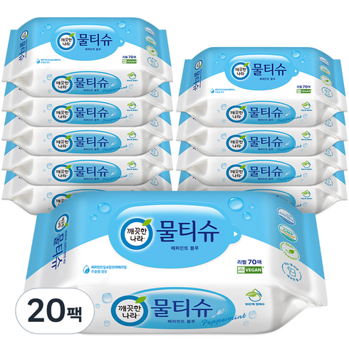 물티슈리필 - 깨끗한나라 페퍼민트 물티슈 리필형, 45g, 70매입, 20개