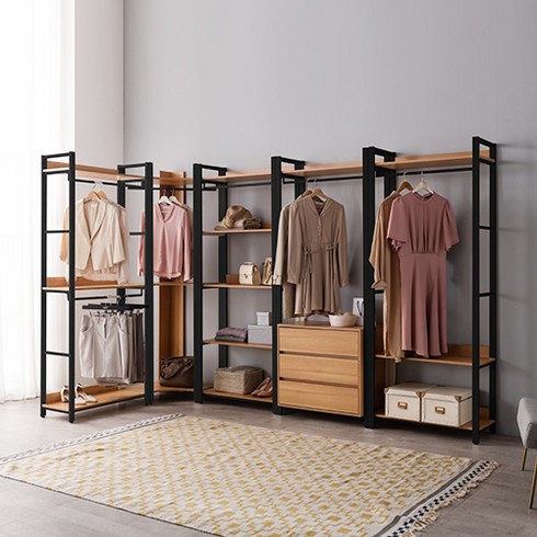 2023년 가성비 최고 드레스룸 - 잉글랜더 NEW 베를린 코너형 드레스룸 행거 풀세트 1단 행거 + 2단 행거 + 3단 서랍형 행거 + 600 코너장 + 5단 선반장 방문설치, 오크(선반) + 블랙(프레임)