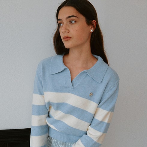 로라로라 여성용 COLLAR LOGO STRIPE KNIT