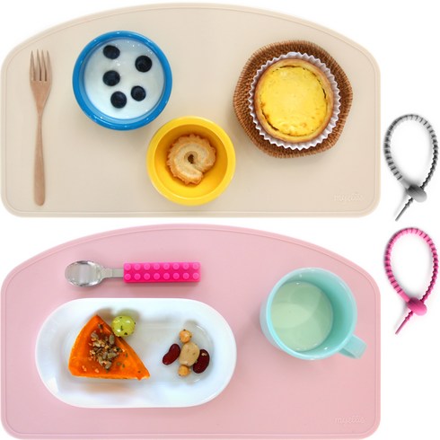 이유식매트 - 마이엘리 실리콘 유아용 테이블 매트 2p + 보관용 타이 랜덤발송 2p 세트, Pink + Beige, 385 x 215 x 2.2mm, 1개