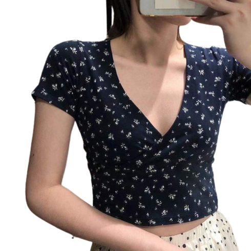 마더브띠 여성용 화사한 패턴 오픈넥 크롭 반팔 티셔츠