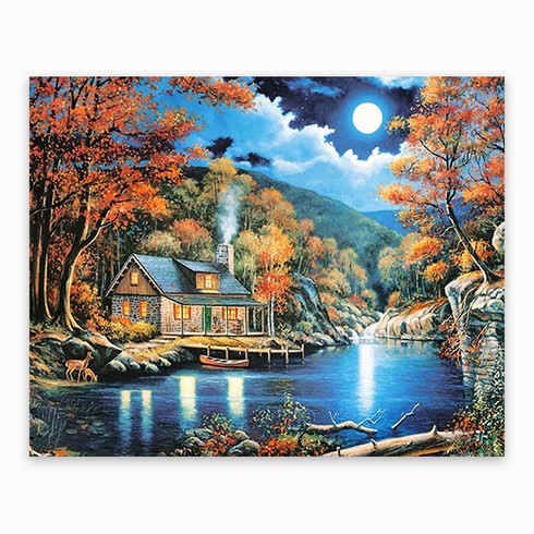 케이엠엘리 원형 보석십자수 DIY 일체형 3D 캔버스액자 50 x 40 cm, 단풍에물든호수, 1개