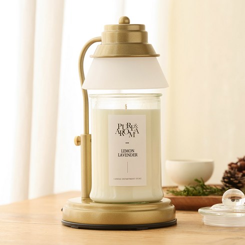 2023년 가성비 최고 캔들워머 - 에인디 타이머 캔들워머 + 소이캔들 세트 750g, 레몬라벤더, 골드