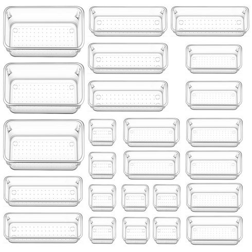SAIVEINA 다용도 옷장 주방 사무실 화장품 욕실 책상 주얼리 서랍 정리함 트레이 4가지 사이즈 아크릴 보관 수납함 25피스, 투명, 25개