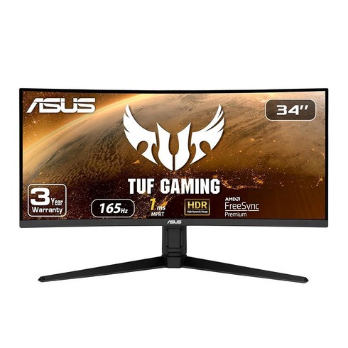 ASUS TUF 게이밍 34인치 곡선형 게이밍 모니터 - WQHD (3440x1440) 165Hz 1ms 익스트림 로우 모션 블러 FreeSync 프리미엄 아이 케어 높, 34