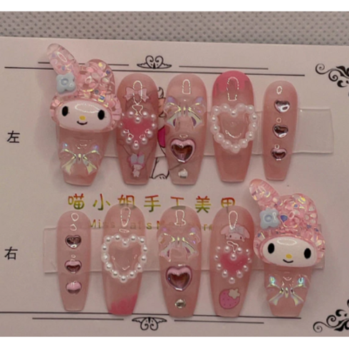 산리오 네일 마이멜로디 네일팁 3D Sanrio Hello Kitty Nail Decal Cartoon Handmade, 멜로디 melody, L, 1개