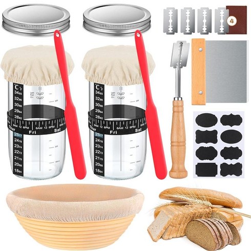 Domensi 사워도우 스타터 키트 20개 680.4g(24온스) 사워도우 스타터 병 및 22.9cm(9인치) 빵 가공 바구니 세트 사워도우 빵 베이킹 용품 라벨 포함 빵
