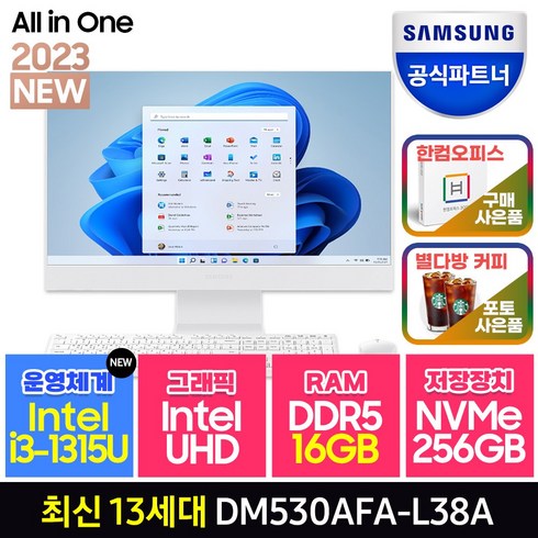 삼성전자 올인원PC 일체형PC ( 13세대 CPU i3-1315U SSD 256GB RAM 8GB ) 가정용 인강용 대학생 화상강의, SSD 256GB+RAM 16GB