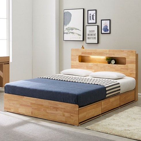 바로방가구 로얄 LED 고무나무 원목 수납형 서랍형 슈퍼싱글 퀸 침대 프레임, 내추럴무늬