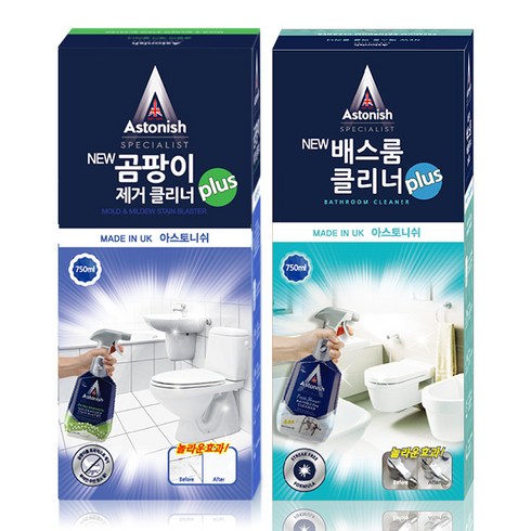 아스토니쉬 NEW 곰팡이 제거 클리너 plus 750ml + NEW 배스룸 버블 클리너 plus 750ml 세트, 1세트