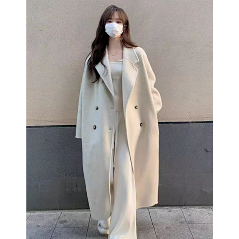 23FW 여자 롱코트 핸드메이드코트 여성 모직 코트 오버핏 더블버튼 로브 울 롱코트 겨울 여성의류