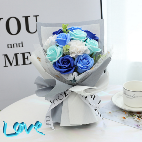 셔니엘 조화 비누 꽃다발 특별한 선물 여자친구 꽃 기념일 생일 졸업 (비누 꽃다발+투명 쇼핑백), 드림블루
