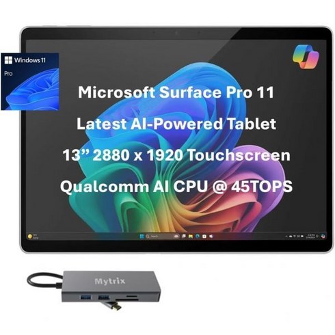 Microsoft Surface Pro 11 13인치 120Hz 2.8K 터치스크린 Copilot+ PC 태블릿 10코어 스냅드래곤 X 플러스(AI NPU 포함) 16G, 16GB RAM | 512GB SSD