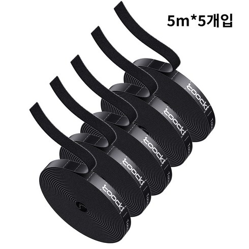 Toocki 손으로 컷팅 벨크로 찍찍이 케이블타이, 5개, 블랙
