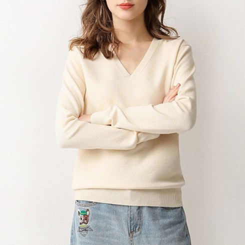 나바바 NK052 여성 단색 긴팔 브이넥 니트티