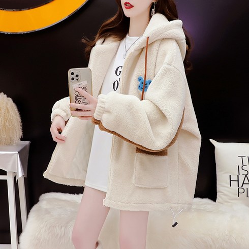 2023년 가성비 최고 양털후드집업 - ANYOU 여성 겨울 두꺼운 캐주얼 양털후드 집업 루즈핏 카툰 캐시미어 코트