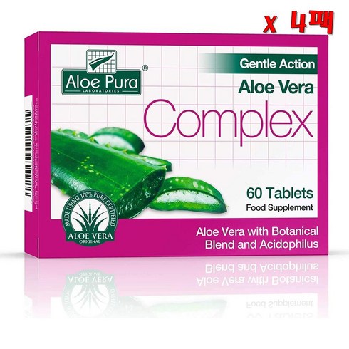 푸아알로하 - ALOE PURA Aloe Vera Complex 알로에퓨라 젠틀 액션 알로에베라 컴플렉스 60 타블릿 4팩, 4개, 60정