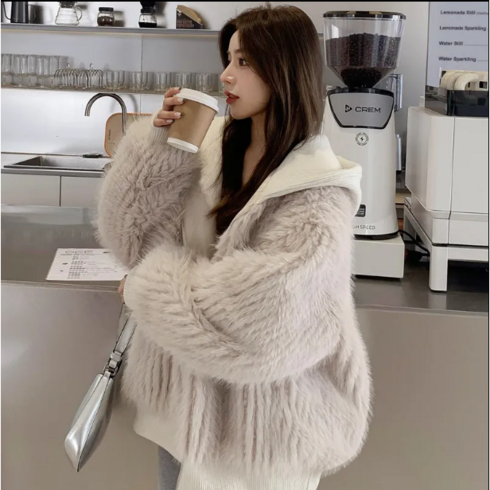 패션고리 여성 루즈핏 레이어드 모직 퍼 후드 자켓 H128