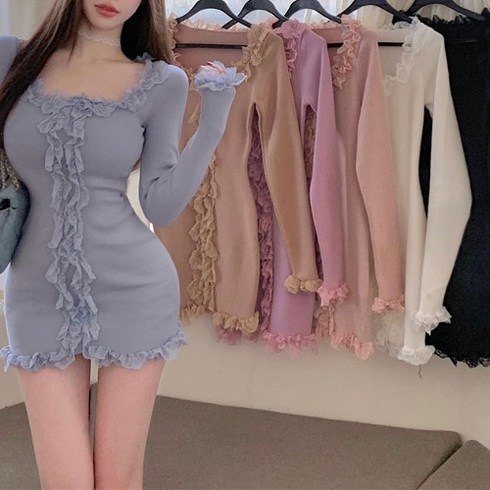 히또리 X3503 레이스 프릴 라인 포인트 스퀘어넥 슬림핏 미니 원피스