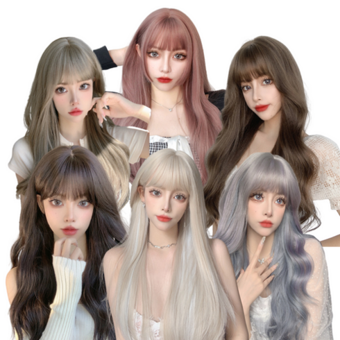 가발스타일 여자 긴머리가발 단발 숏컷 가발 통가발 모음 가발망 + 가발빗+ 거치대 세트, B 블랙 웨이브