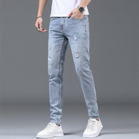 청바지 - 남성 봄여름 청바지 슬림 스판 캐주얼 찢청 데님팬츠 Men's jeans