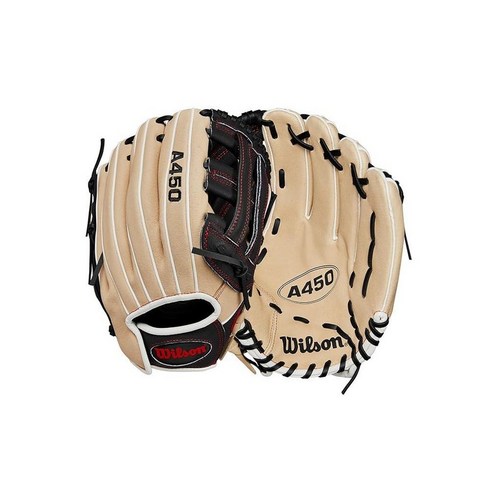 Wilson 2024 A450™ 30.5cm(12인치) 청소년 외야 야구 장갑 - 오른손 투구 블론드/블랙/레드, Right Hand Throw, Blonde/Black/Red