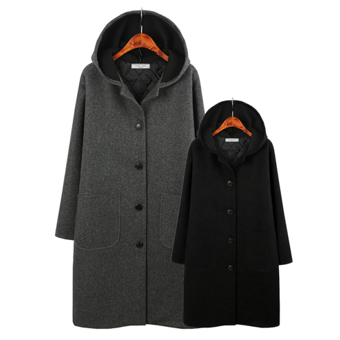 2023년 가성비 최고 후드롱코트 - 허밍퍼플 여성용 2363-셀리나 후드 롱 코트 빅사이즈 겨울 따뜻한 모직 버튼 단추 포켓 세련미 슬림 날씬 여성의류