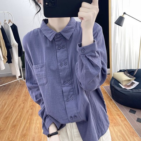 FANSYLI 더블 코튼 마 남방 여성 춘추 polo넥 이너 상의 루즈핏 캐주얼 통근 리넨 셔츠 W2404A01