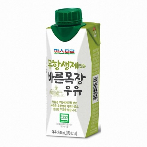 파스퇴르 무항생제 인증 바른목장 우유, 250ml, 18개